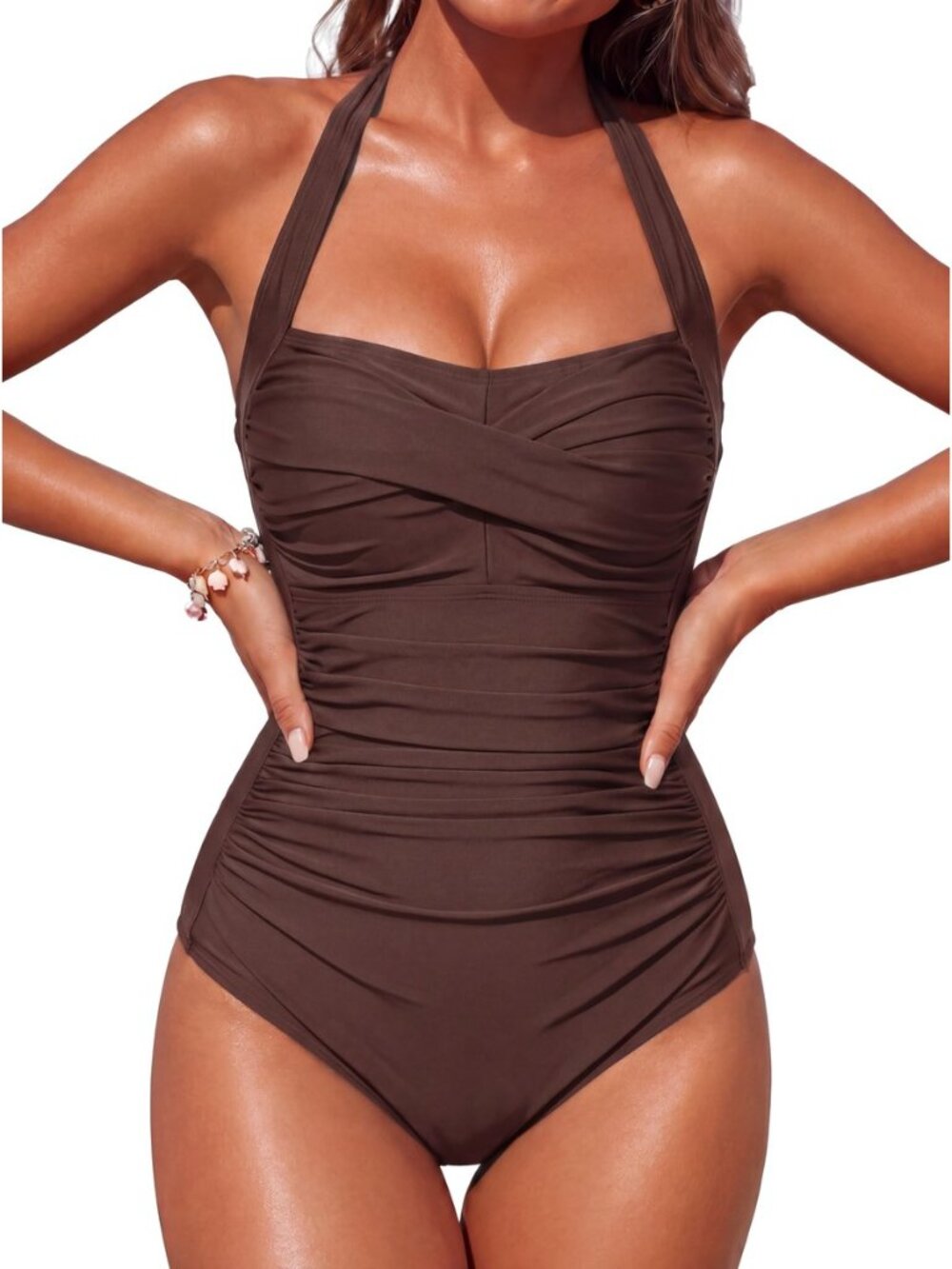 Tummy Control Swimwear Halter One Piece Slimming Vintage Retro Swimsuit Womens